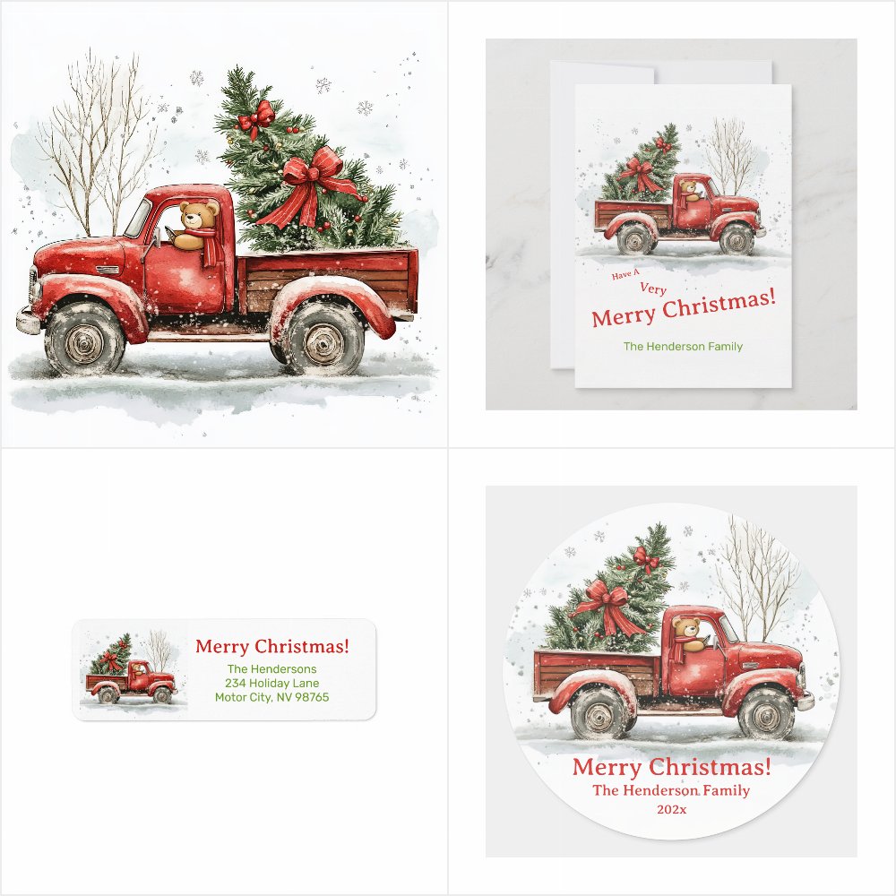 Teddy Bear & Old Red Truck Vintage Christmas
