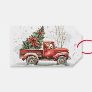 Teddy Bear Old Red Truck Vintage Christmas Gift Tags