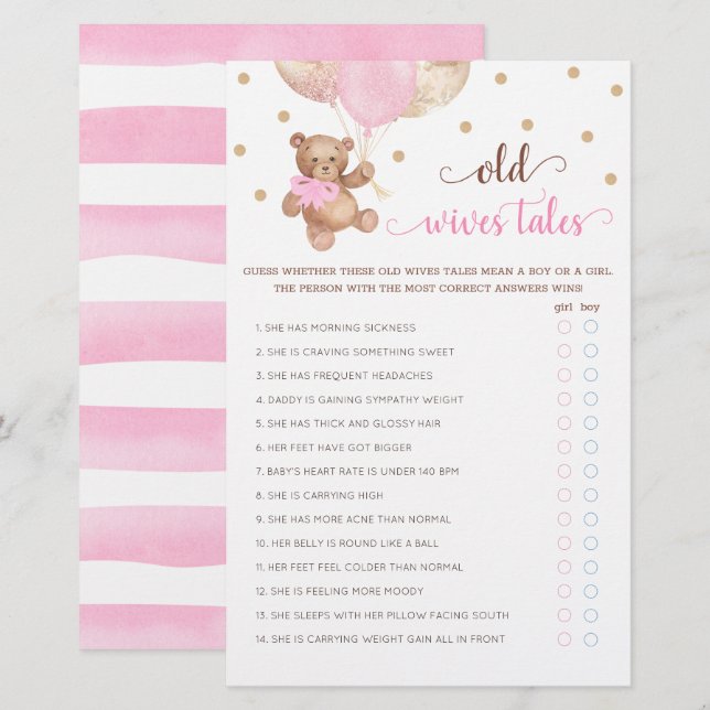 Teddy Bear Old Wives Tales Gender Reveal Baby Game (Front/Back)