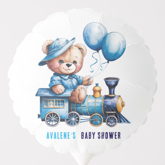 Teddy Bear On a Blue Train Boy Baby Shower Balloon (Front)