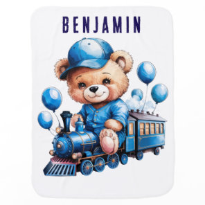 Teddy Bear On a Blue Train Boy Baby Shower Gift Blanket