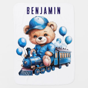 Teddy Bear On a Blue Train Boy Baby Shower Gift Blanket