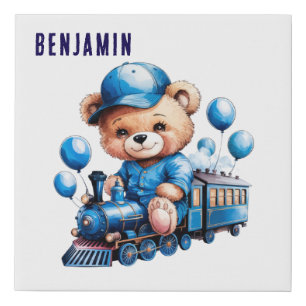 Teddy Bear On a Blue Train Boy Baby Shower Gift Faux Canvas Print