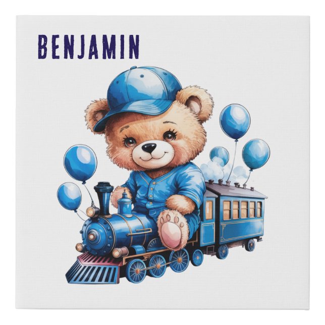 Teddy Bear On a Blue Train Boy Baby Shower Gift Faux Canvas Print (Front)