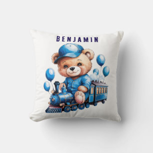 Teddy Bear On a Blue Train Boy Baby Shower Gift Throw Pillow