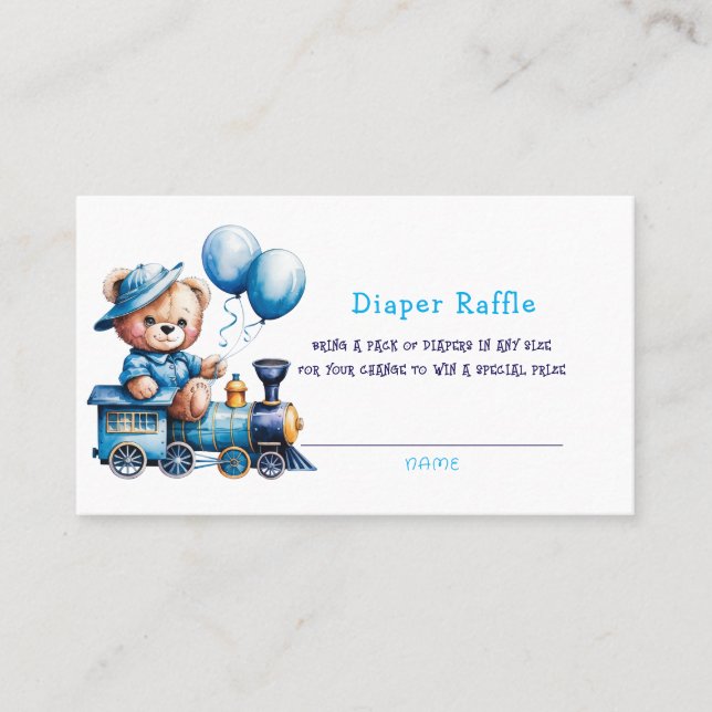 Teddy Bear On A Blue Train Boy Diaper Raffle Business Card (Front)