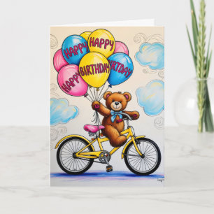 Teddy Bear on bicycle holding balloons Card