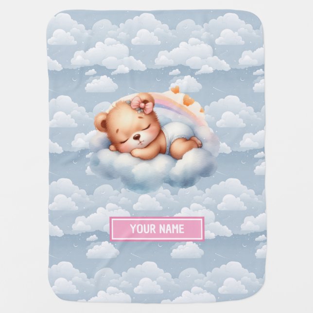 Teddy Bear On Cloud Nine Personalized Girl Shower Baby Blanket (Front)
