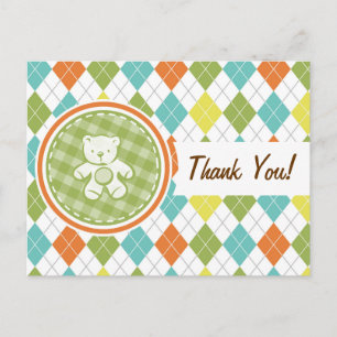Teddy Bear on Colorful Argyle Postcard