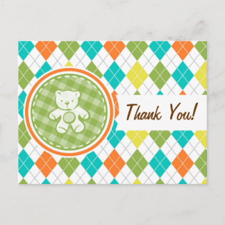 Teddy Bear on Colorful Argyle Postcard