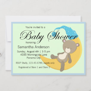 Teddy Bear on Crescent Moon Baby Shower Invitation