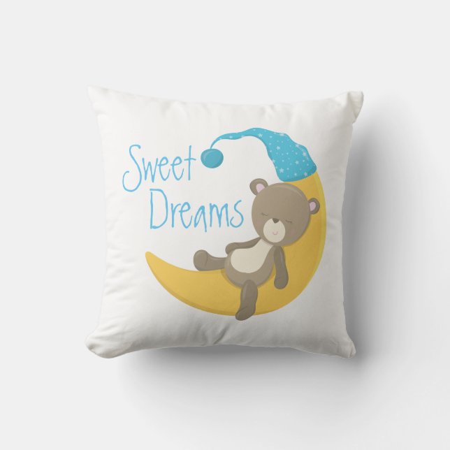 Teddy Bear on Crescent Moon Nursery Throw Pillow (Front)