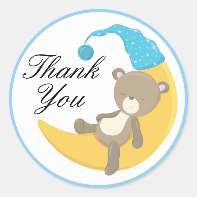 Teddy Bear on Crescent Moon Thank You Classic Round Sticker (Front)