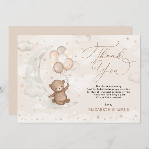 Teddy Bear on Cresent Moon  Balloons Clouds Stars Thank You Card