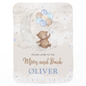 Teddy Bear on Moon Blue Brown Balloons Boy Nursery Baby Blanket