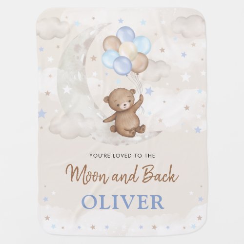 Teddy Bear on Moon Blue Brown Balloons Boy Nursery Baby Blanket