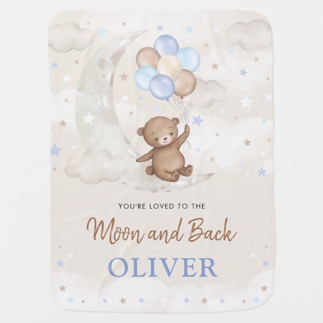 Teddy Bear on Moon Blue Brown Balloons Boy Nursery Baby Blanket (Front)