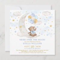 Teddy Bear on Moon Blue Gold Balloons Baby Boy Invitation