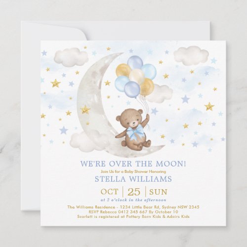 Teddy Bear on Moon Blue Gold Balloons Baby Boy Invitation