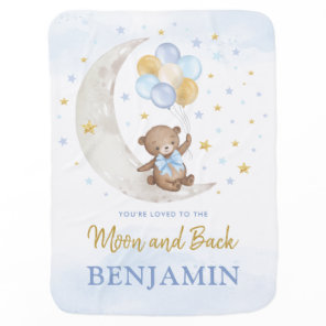 Teddy Bear on Moon Blue Gold Balloons Boy Nursery Baby Blanket