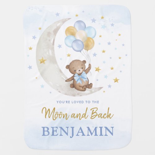Teddy Bear on Moon Blue Gold Balloons Boy Nursery Baby Blanket