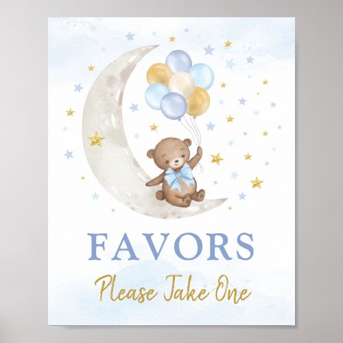 Teddy Bear on Moon Blue Gold Balloons Favors Sign