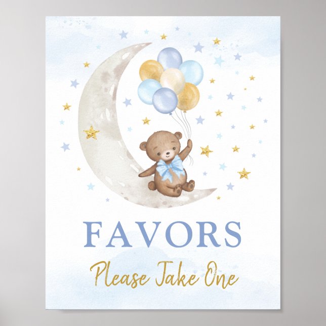 Teddy Bear on Moon Blue Gold Balloons Favors Sign (Front)