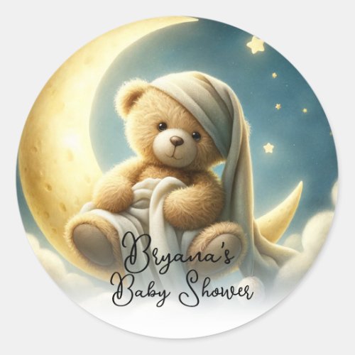 Teddy Bear on Moon Glow Stars Baby Shower Classic Round Sticker
