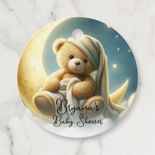 Teddy Bear on Moon Glow Stars Baby Shower Favor Tags