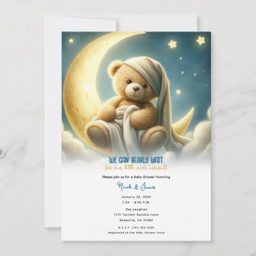 Teddy Bear on Moon Glow Stars Baby Shower Invitation