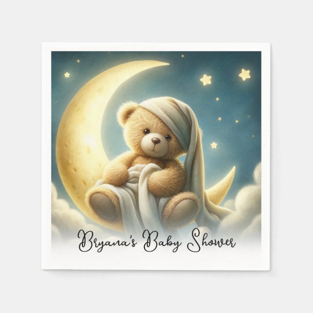 Teddy Bear on Moon Glow Stars Baby Shower Napkins (Front)