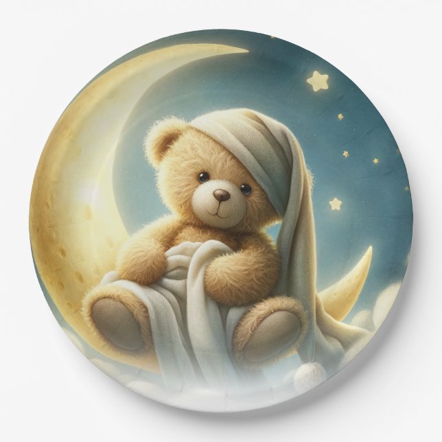 Teddy Bear on Moon Glow Stars Baby Shower Paper Plates (Front)