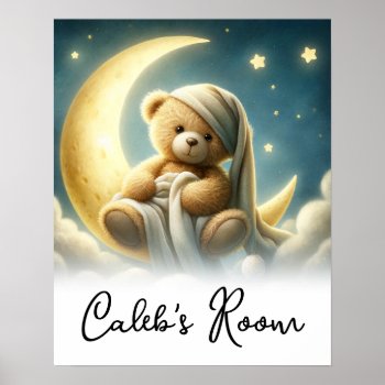 Teddy Bear On Moon Glow Stars Celestial Sky Poster by printabledigidesigns at Zazzle