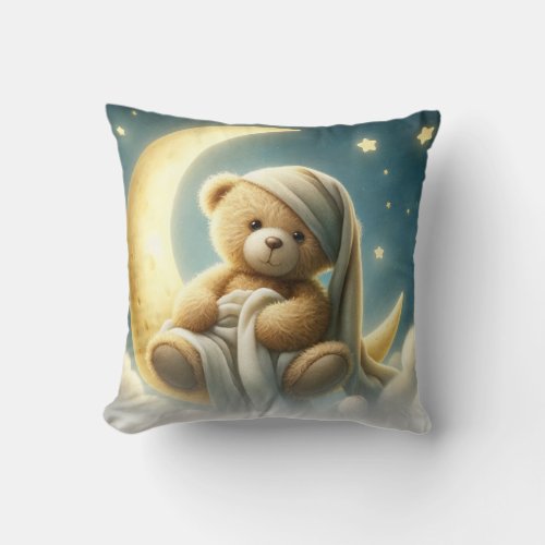 Teddy Bear on Moon Glow Stars Celestial Sky Throw Pillow