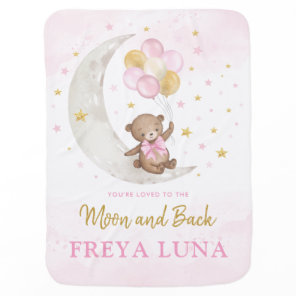 Teddy Bear on Moon Pink Gold Balloons Girl Nursery Baby Blanket