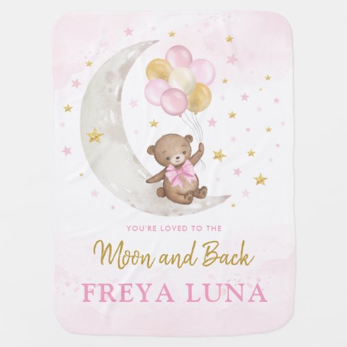 Teddy Bear on Moon Pink Gold Balloons Girl Nursery Baby Blanket