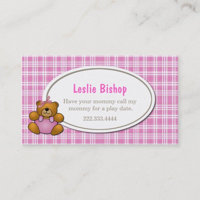 Teddy Bear on Pink Plaid Play Date Card (Front)