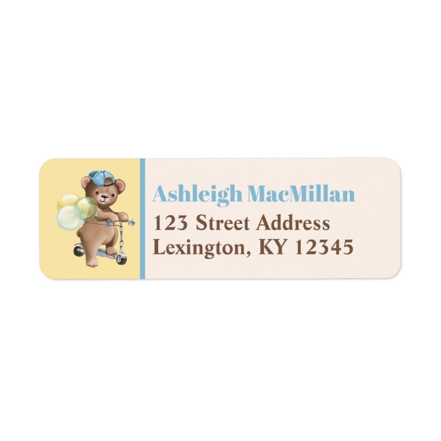 Teddy Bear on Scooter Baby Shower Return Address Label (Front)