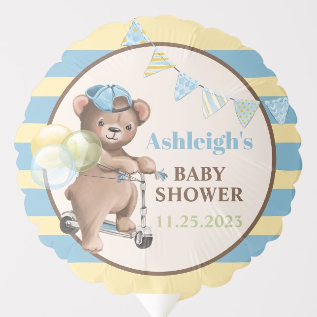 Teddy Bear on Scooter, Striped Baby Shower Balloon (Front)