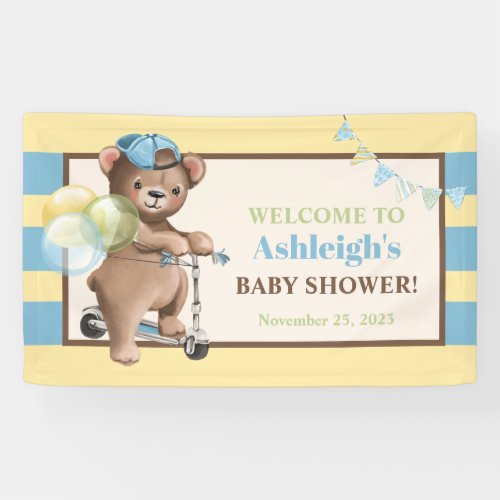 Teddy Bear on Scooter Striped Baby Shower Banner