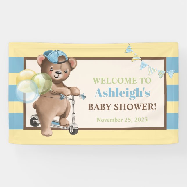 Teddy Bear on Scooter, Striped Baby Shower Banner (Horizontal)