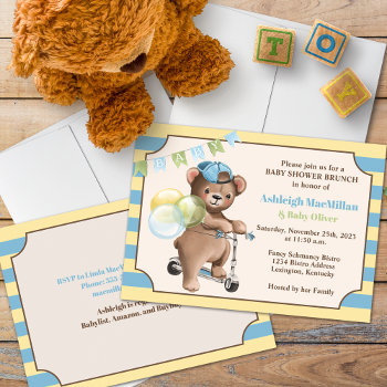 Teddy Bear On Scooter  Striped Baby Shower Invitation by NiteOwlStudio at Zazzle
