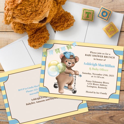 Teddy Bear on Scooter Striped Baby Shower Invitation