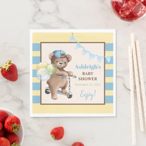 Teddy Bear on Scooter Striped Baby Shower Napkins