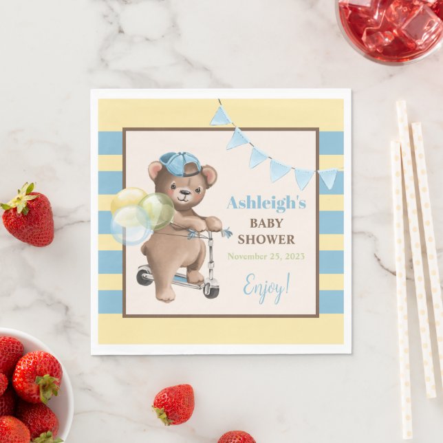 Teddy Bear on Scooter, Striped Baby Shower Napkins (Insitu)