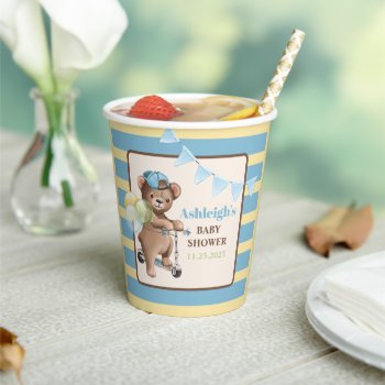 Teddy Bear On Scooter  Striped Baby Shower Paper Cups by NiteOwlStudio at Zazzle