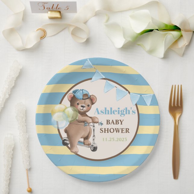 Teddy Bear on Scooter, Striped Baby Shower Paper Plates (Wedding)