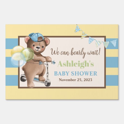 Teddy Bear on Scooter Striped Baby Shower Sign