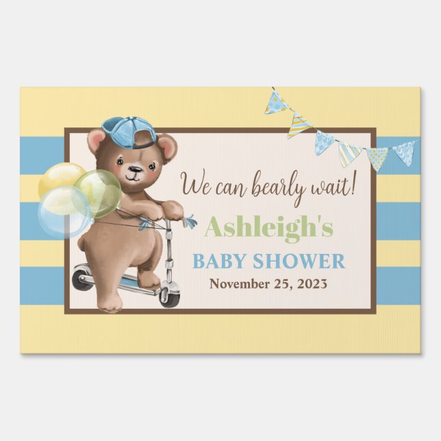 Teddy Bear on Scooter, Striped Baby Shower Sign (Front)