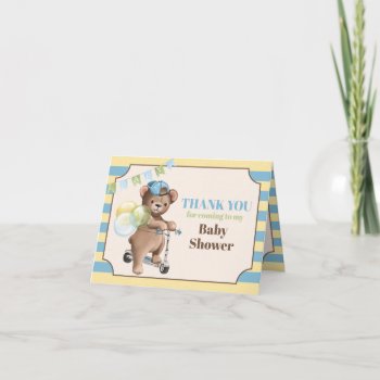 Teddy Bear On Scooter  Striped Baby Shower Thank You Card by NiteOwlStudio at Zazzle